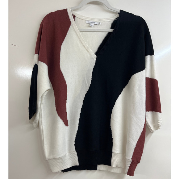 Chico's Abstract Print Intarsia Sweater Sz 1 (M) Pullover Dolman Sleeves Classic - Picture 3 of 9